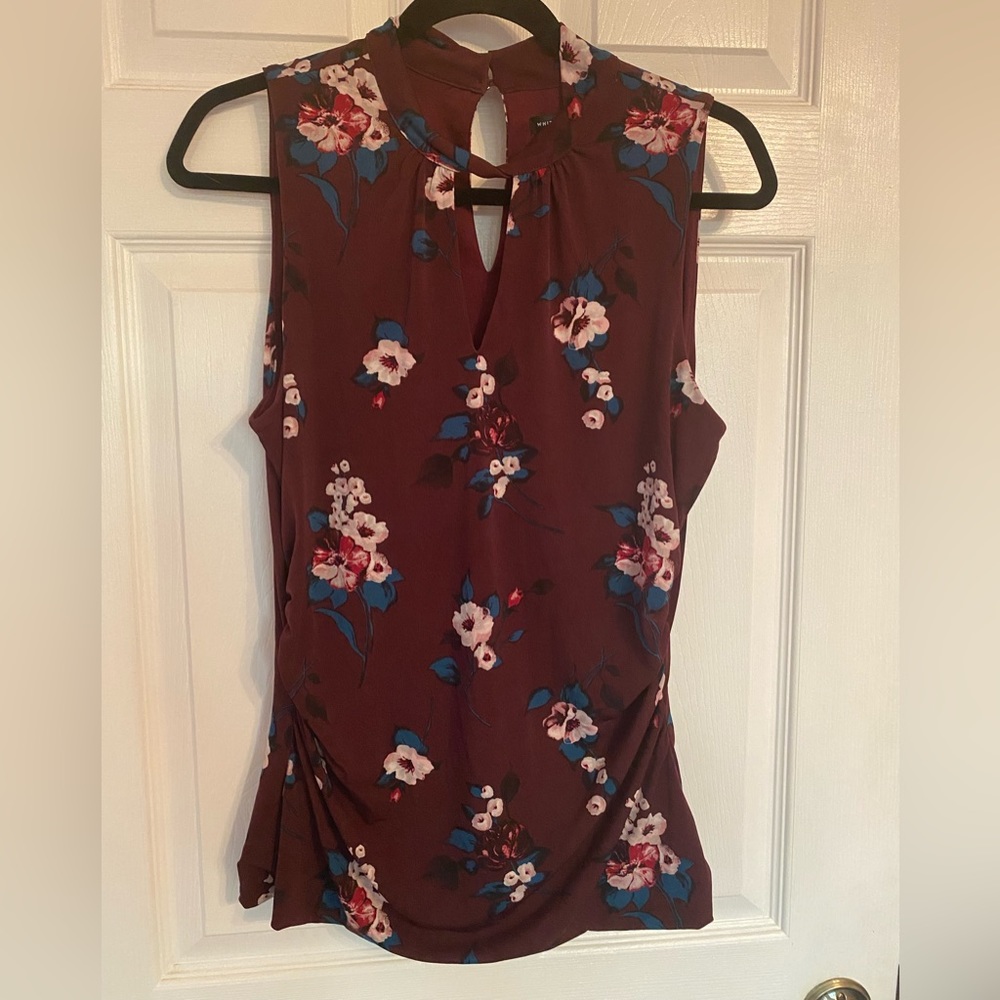 White House black market ruched top- maroon floral print, M